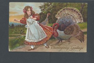 1913 Post Card Thanksgiving Greeting W/Girl & Turkey Embossed