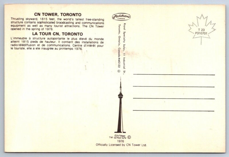 Aerial View Of The CN Tower, Toronto Ontario Canada, 1976 Chrome Postcard #1
