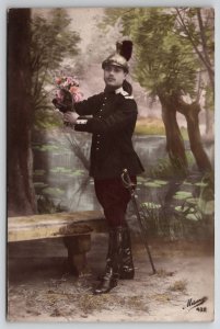French Soldier Portrait at Faux Pond Tinted Photo Postcard M32