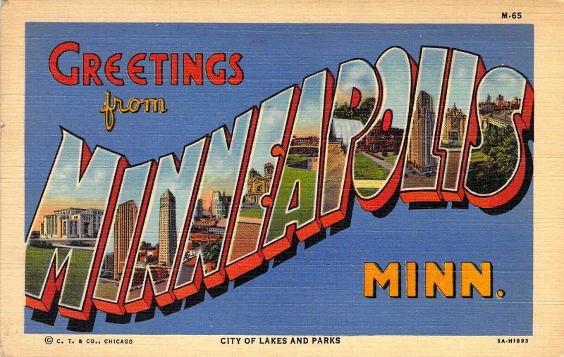 Beautiful Linen Large Letter,  Minneapolis, Minn, Mn, MSG,CT Pub, Old Postcard