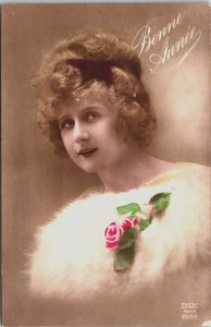 Beautiful Lady Glamour Coloured Bonne Annee  Vintage RPPC C206