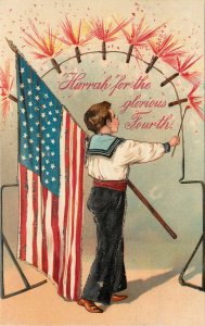 Embossed PFB Postcard 4th Of July Little Boy American Flag Lights Firecrackers