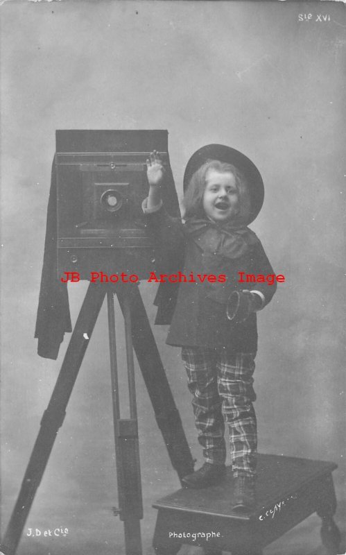 France, RPPC, Young Child with Large Format Camera