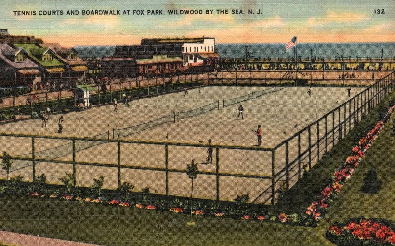 Vintage Postcard 1941 Tennis Courts & Boardwalk at Fox Park Wildwood By Sea N.J.