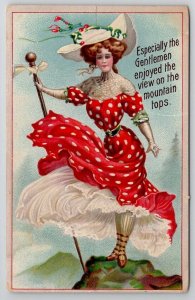 Victorian Woman Polka-Dot Dress on Mountain Men Enjoy from Below Postcard E30