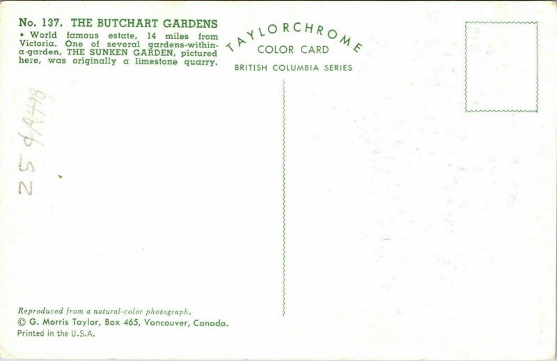 Butchart Gardens Victoria Sunken Limestone Quarry Mountain VTG Postcard WB UNP 