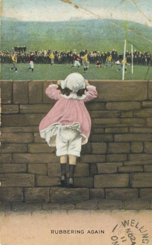 'Rubbering Again' Young Girl Watching Soccer Sports Event Postcard E12 *As Is