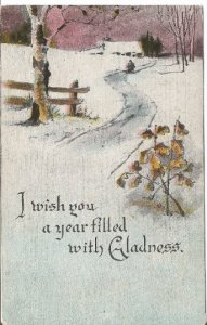 Water Color Winter Scene White Birch by Path to Cottage New Years Greetings