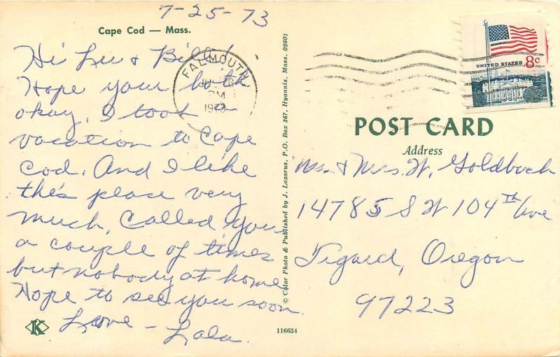 Red Lobster Cape Cod Massachusetts MA pm 1973 Postcard