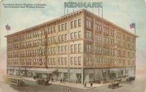 Denver Colorado Kenmark Hotel 17 & Western Sts Trolley,  Old Cars Litho Postcard