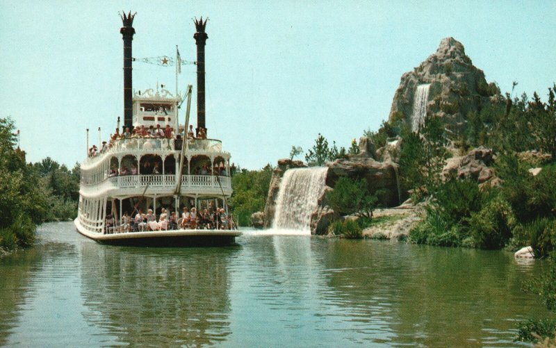 Vintage Postcard Mark Twain Steamboat Cascade Peak Waterfalls Frontierland