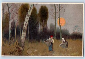 Postcard Sunset Two Women Walking Scene c1905 Antique Continental Tuck Art