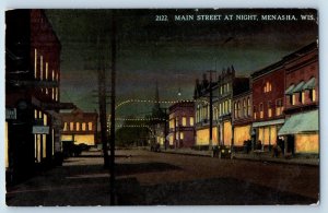 Menasha Wisconsin WI Postcard Main Street At Night Cars Building Scenery Vintage