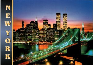 Evening Manhattan Brooklyn Bridge East River Twin Towers New York Postcard