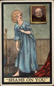 Creepy Portrait of Man Watching Woman in Nightgown c1910 Vintage Postcard