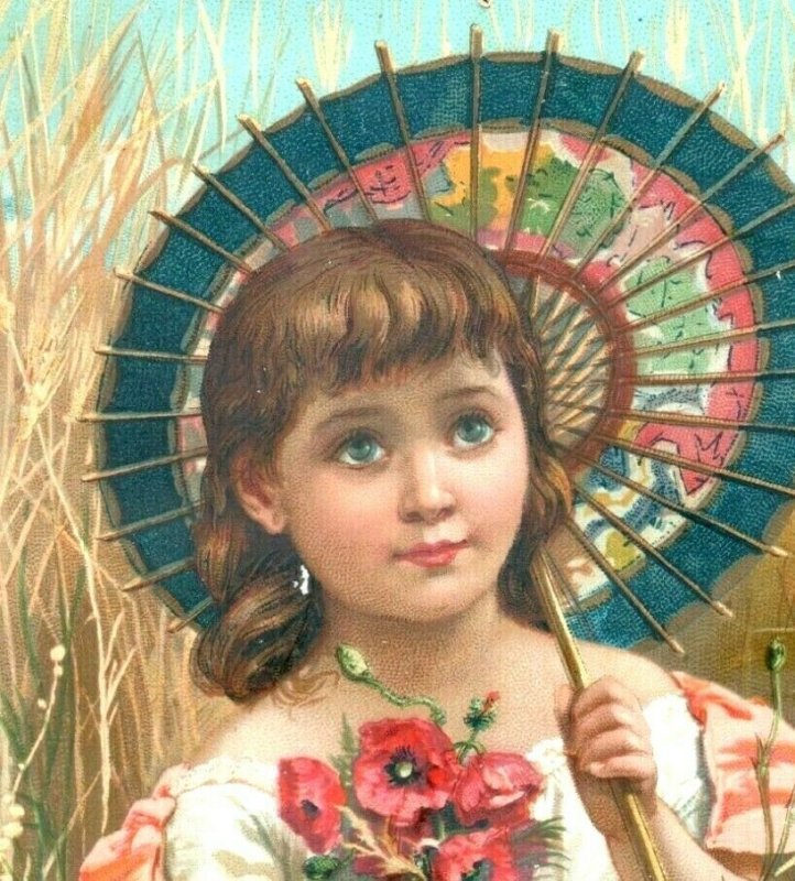 1880s-90s Christmas Card Poem By Fannie Rochal Cute Girl Parasol Poppies P215