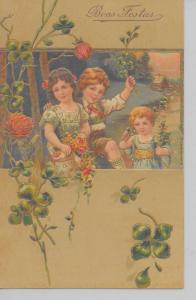 Boas Festas happy holidays children 4-leaf clovers by PFB antique pc Z24124