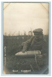 c1910 RPPC WW1 Soldier Giant Artillery Shell La Bassee #2 Vintage Postcard P113