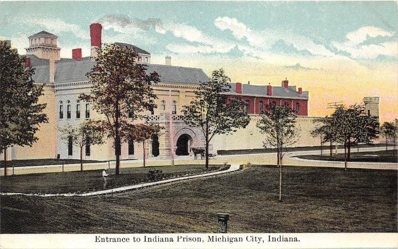Michigan City Indiana~State Prison Entrance~Man Working in Garden by Path~c1910