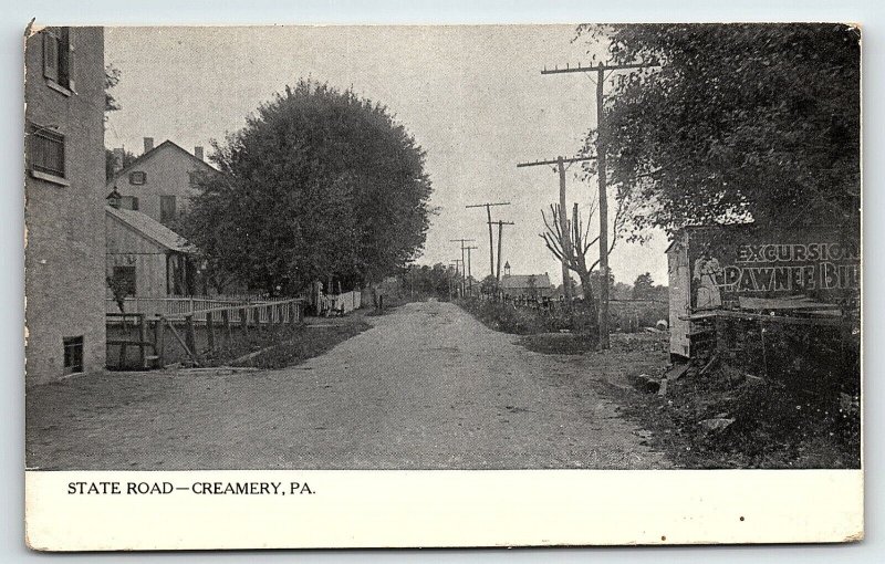 c1910 CREAMERY PA STATE ROAD PAWNEE BILLS WILD WEST SHOW SIGN POSTCARD P4138