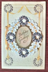 Embossed Die Cut Postcard Birthday Greetings Postcard Opens Up, Mother of Pearl