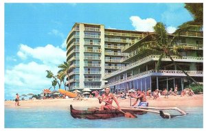 Reef Hotel at Waikiki Beach w Outrigger Canoe Hawaii Hotel Postcard 1967