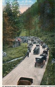 Vintage Postcard showing Old Cars lined up at Benson Park Entrance,  OR.    aa6