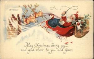 CHRISTMAS Santa in Sleigh w Flying Reindeer c1910 PC
