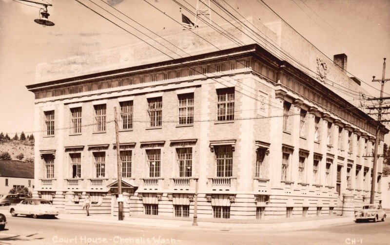 Postcard Real Photo 1951 Court House Building 1950's Cars Chehalis WA RPPC