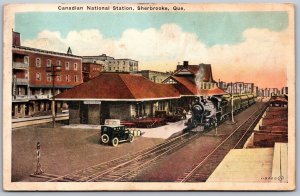 Postcard Sherbrooke Quebec c1920s Canadian National Station Old Car Locomotive