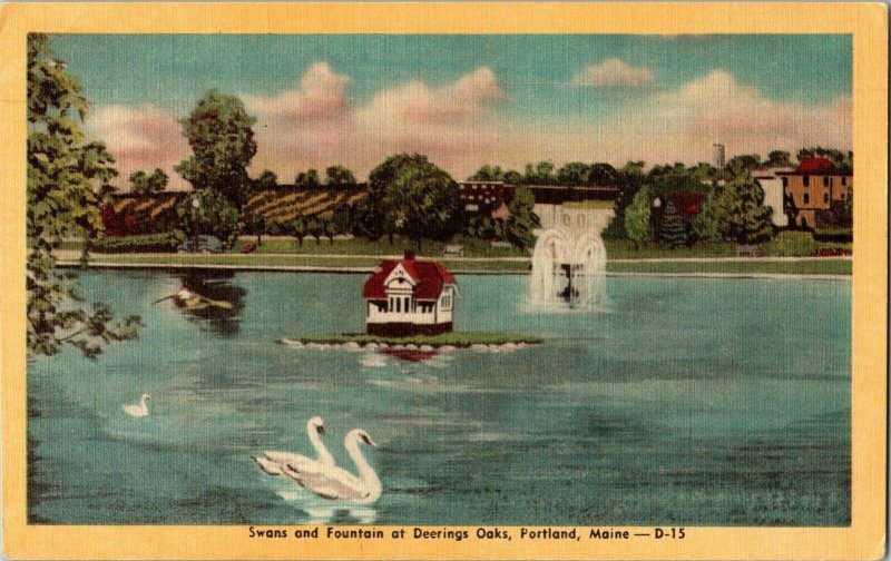 Swans Fountain Deerings Oaks Portland Maine Vintage Linen Postcard Dexter Press 