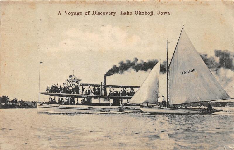 F19/ Lake Okoboji Iowa Postcard c1910 Voyage Discovery Falcon Sailboat Steam