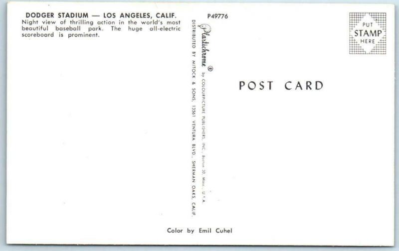 LOS ANGELES, California CA  Baseball Game DODGER STADIUM Night c1960s Postcard