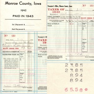 LOT 1942 Albia, Monroe County, IA Property Tax Receipts Form Bluff Creek Twp 3O