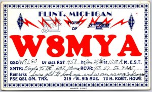 1935 QSL Radio Card Code W8MYA Flint Michigan Amateur Station Vintage Postcard