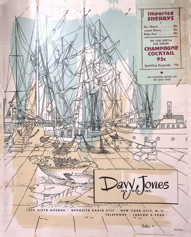 1950s DAVY JONES SEA FOOD NEW YORK CITY RESTAURANT MENU 6th AVE RADIO CITY W66