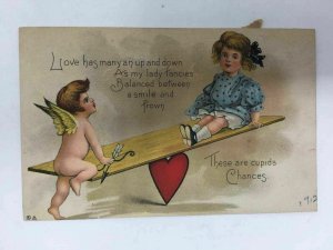 Cute Cupid Cherub Angel See-Saw Valentine Heart Girl c. 1912