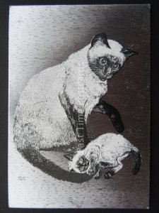 Pussy Cat SIAMESE CATS c1980's by F J Warren DUFEX FOIL Postcard