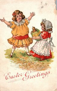Vintage Postcard 1908 Happy Easter Greetings Card Dutch Children w/ Egg Hatching