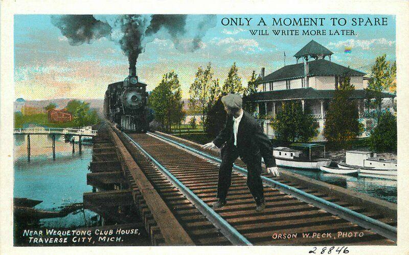 Man Railroad Tracks Wequeton Club House 1920s Traverse City MichiganTeich 3364