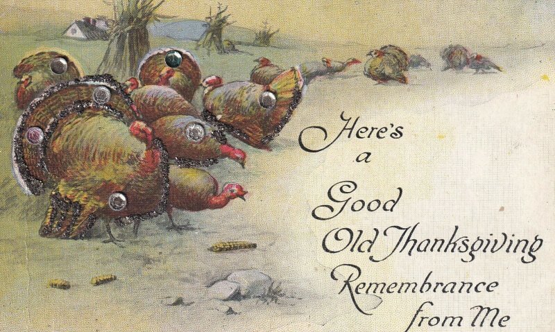 THANKSGIVING, 1900-10s; Flock of Wild Turkeys, Glitter Detail