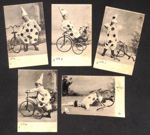 Set of 5 vintage postcards harlequin costumed boy with tricycle scenes 1900`s 