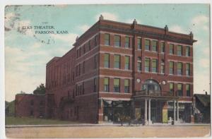 1908 PARSONS Kansas Kans Ks Postcard ELKS THEATRE Drugstore Wagon