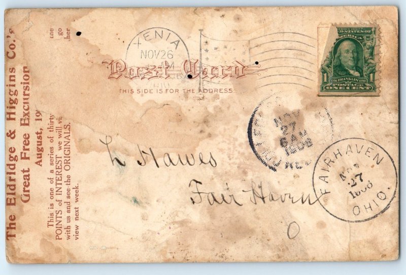 1906 Pullman Train Carrying Eldridge & Higgin's Excursion Fairhaven OH Postcard