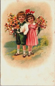 Victorian Children With Flowers Vintage Postcard C209