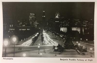RPPC Benjamin Franklin Parkway At Night Philadelphia, PA c1940s Vintage Postcard