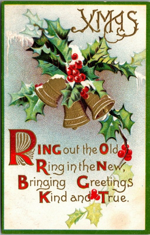 Christmas & New Year - Bells Holly Embossed - Vintage - POSTCARD PC POSTED