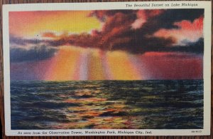 Vintage Postcard 1934 Sunset on Lake Michigan, from Tower, Michigan City, (IN)