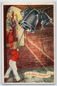 Christmas Boy Ringing Bells Church Scene Delmar New York NY Vintage Postcard