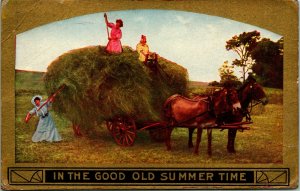 Vtg 1910 Postcard - Women Bailing Hay on Cart In the Good Old Summer Time Gild